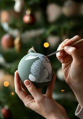 Hand-Painted Hare on Matte Ceramic Christmas Bauble — Scandinavian Minimalist Holiday Craft Close-Up