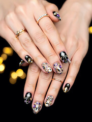 Close-up of female hands with stylish manicure against festive bokeh lights. Detailed nail design, glossy polish and elegant hand pose for beauty category.