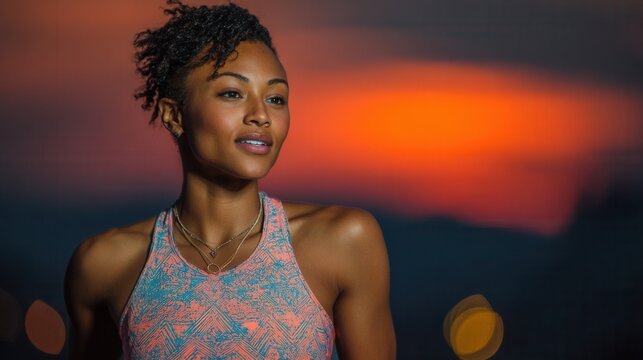 African American runner woman in stylish sportswear sprinting outdoors dynamic fitness action