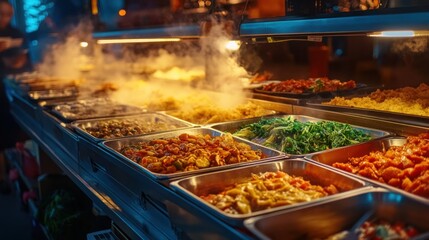 Steaming hot food buffet with various dishes.