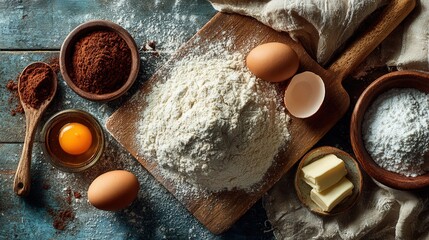 Overhead shot of cookie ingredients flour eggs butter and sugar scattered on baking surface