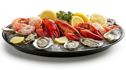 Seafood platter with shrimp, lobster, oysters, and lemon on ice.