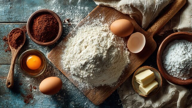 Overhead shot of cookie ingredients flour eggs butter and sugar scattered on baking surface