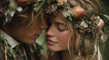 Young couple wearing floral crowns holding apples gazing into each other’s eyes romantic outdoor moment