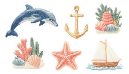 Naklejka premium Marine Adventure Symbols featuring Dolphin, Anchor, Starfish, and Sailboat Designs