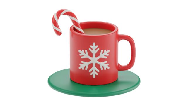 Festive red mug with snowflake design filled with hot chocolate and a candy cane isolated on transparent background