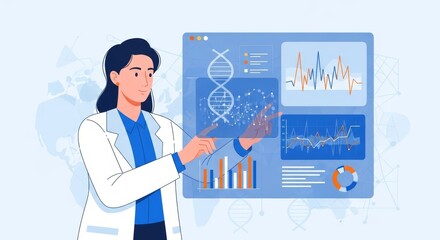 Female scientist analyzing genetic data and biological information on a futuristic digital interface, conducting advanced biotechnology research and discovery