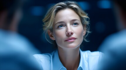 Thoughtful woman in business attire during intense discussion meeting