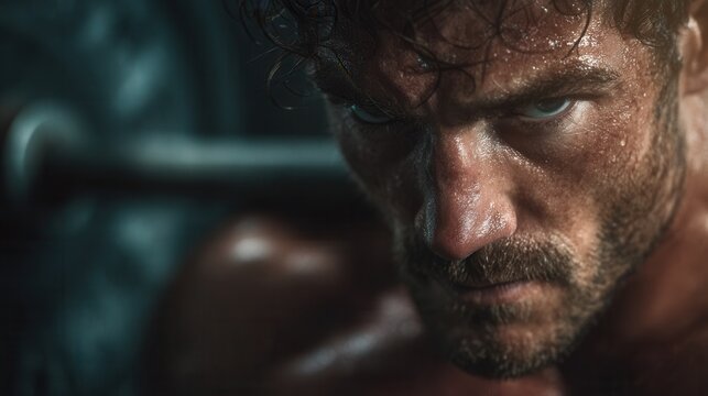Powerful gym photo of muscular man lifting barbell with cinematic lighting intense workout scene