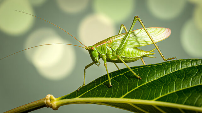 A macro photograph of a green katydid insect perched on a large green leaf - Powered by Adobe
