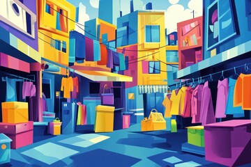 Vibrant street market in a colorful, densely populated urban neighborhood.