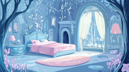 Enchanting fairytale bedroom with pastel colors, elegant furniture, and magical forest view.