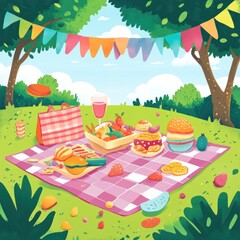 Festive picnic scene with food, drinks, and decorations in a park.