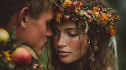 Young couple wearing floral crowns holding apples gazing into each other’s eyes romantic outdoor moment