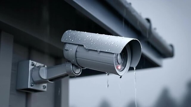 A close-up view of a security camera mounted on a building exterior, exposed to rain.