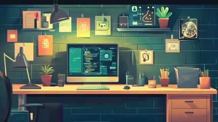 Night programmer's desk with computer, code, and plants.