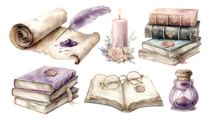 Vintage scholar desk arrangement with books, candle, and stationery elements