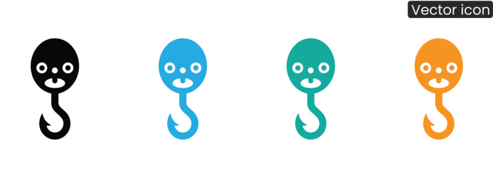 Four eye catching fishing lure icons with whimsical faces in bold black, blue, teal, and orange hues. Ideal for fishing blogs, outdoor gear, or playful branding projects.