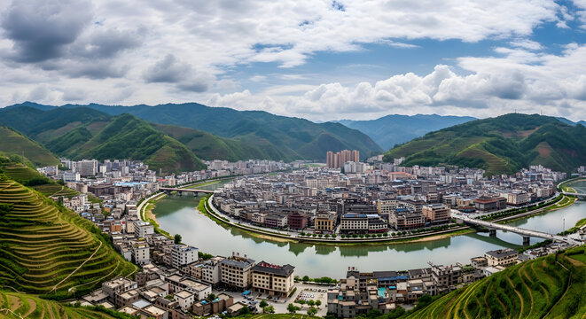 Scenic river town nestled among lush green mountains and terraced fields