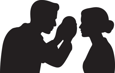 Silhouette of a man examining a woman's eye with his hands Keywords: silhouette, man, woman, eye