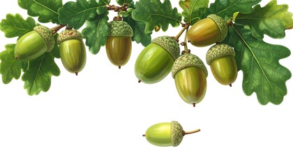 Obraz premium Branch of oak leaves and green acorns, a vibrant nature study isolated on white