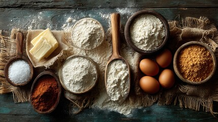Flat lay homemade cookie ingredients on floured surface with soft shadows baking concept
