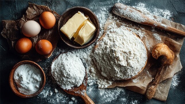 Flat lay homemade cookie ingredients on floured surface with soft shadows baking concept