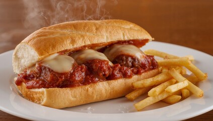Golden, Tasty Bread With Meatballs, Sauce and Cheese Accompanied by Crispy Fries.