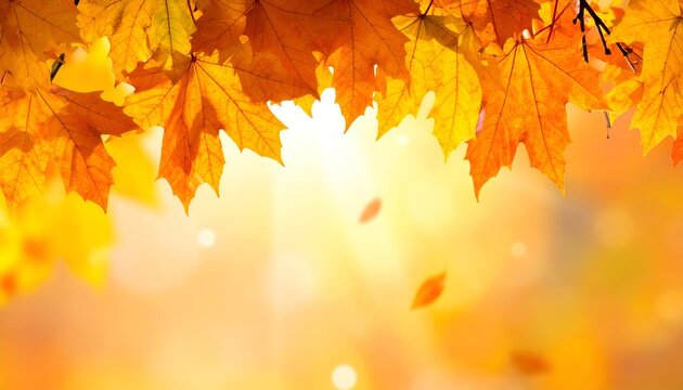 Close-up of vibrant, golden autumn leaves with sun shining through