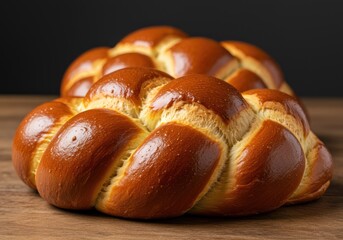 Golden braided challah bread on wooden surface, baked challah, sweet bread, challah loaf