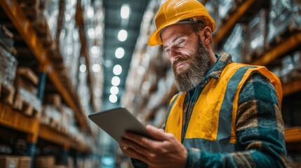 Man in hard hat and reflective vest using digital tablet in warehouse industrial work scene