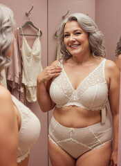 curvy woman selecting new bra in lingerie department underwear shop
