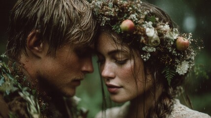 Whimsical outdoor portrait of young couple with apples and flower crowns in sunny meadow