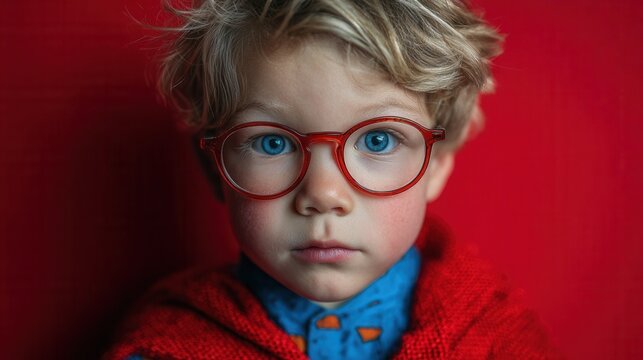 Superhero concept young boy in glasses and blue shirt with dramatic flowing cape - Powered by Adobe
