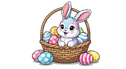 Adorable Easter bunny in basket with colorful decorated eggs illustration