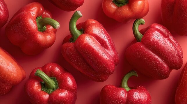 Red bell peppers with shiny skin on coral background artistic overhead composition