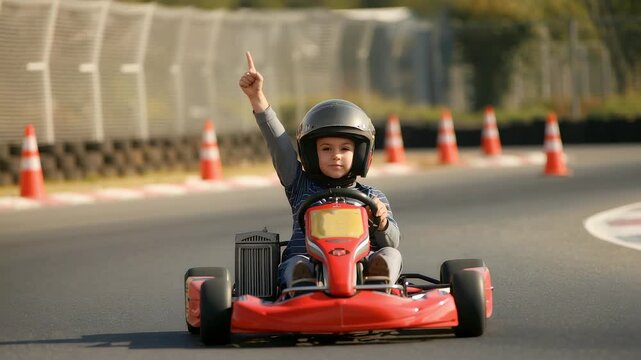 Excited Child in Helmet Driving Red Go Kart Raising Arm on Outdoor Racing Track with Cones