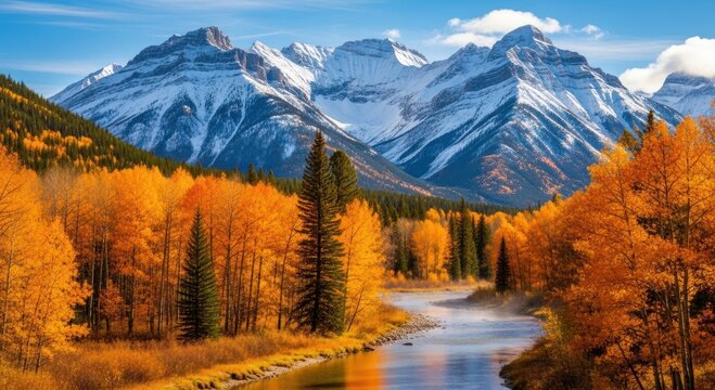 Dramatic Autumn Mountain Landscape with Golden Trees, Misty River, and Snow-Capped Peaks