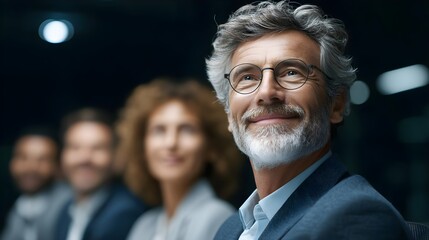 Smiling man with glasses in a professional business meeting setting