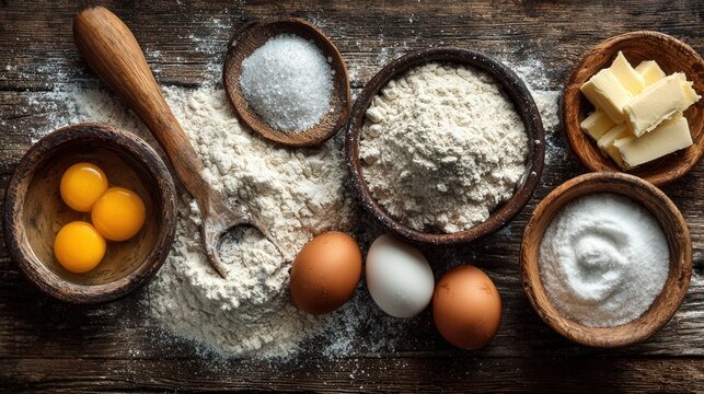 Overhead shot of cookie ingredients flour eggs butter and sugar scattered on baking surface - Powered by Adobe