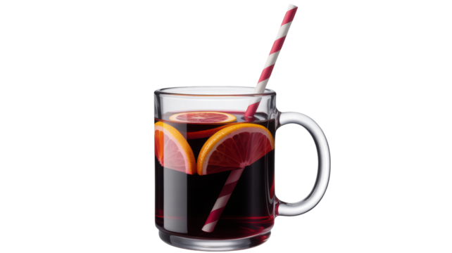 Refreshing dark red beverage with citrus fruit slices and a striped straw in a glass mug isolated on transparent background - Powered by Adobe