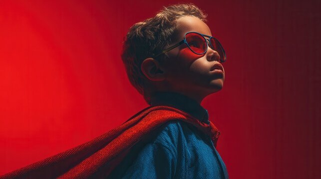 Superhero concept young boy in glasses and blue shirt with dramatic flowing cape