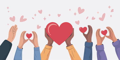 A flat minimalist illustration of multiple diverse hands holding up hearts