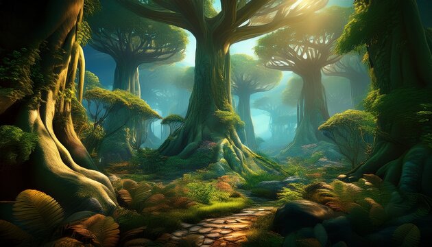 a stunning fairytale forest with enormous trees and lush vegetation exists