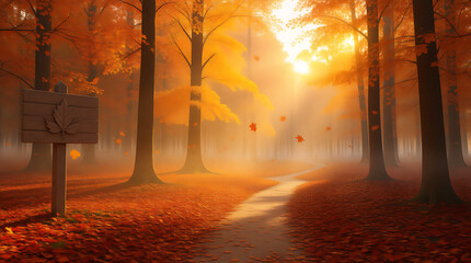 Golden autumn forest path bathed in warm sunlight with fallen leaves creating a vibrant carpet and a gentle mist adding a magical atmosphere to the scene
