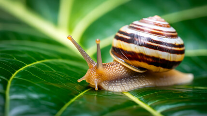 A macro photograph of a striped land snail crawling on a bright green leaf