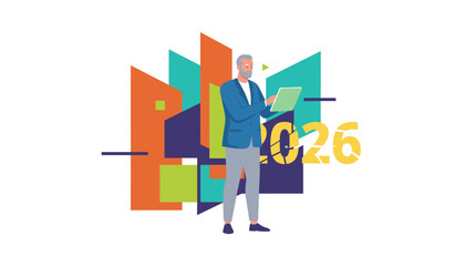 Senior businessman using a digital tablet for 2026 strategy against a modern abstract background