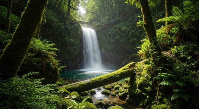 Vibrant Tropical Rainforest Waterfall Amidst Lush Green Foliage and Clear Water - Powered by Adobe