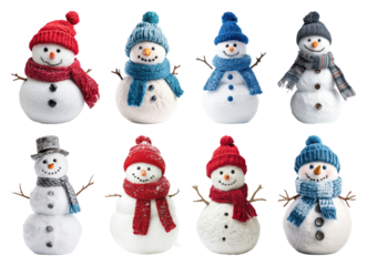 PNG Charming snowmen with colorful scarves, element set on transparent background