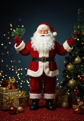 Fototapeta premium A joyful, traditional Santa Claus figure celebrating the holiday season amidst vibrant decorations and sparkling lights ,festive ,joyous ,Santa